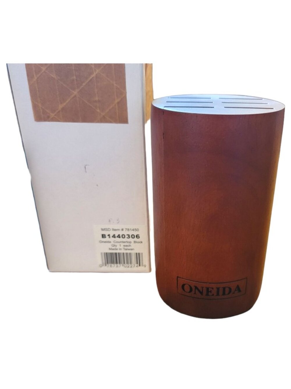 Oneida Countertop Knife Block Round Faux Walnut Wood NIB DH572